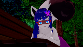 A femme-looking monster with green skin, a fang, bandages on its face, large glasses, pink and blue hair tied in twintails, and a duck hairpin.  It's wearing a sleeveless turtle-neck top