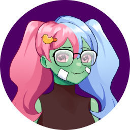 A femme-looking monster with green skin, a fang, bandages on its face, large glasses, pink and blue hair tied in twintails, and a duck hairpin. It's wearing a sleeveless turtle-neck top